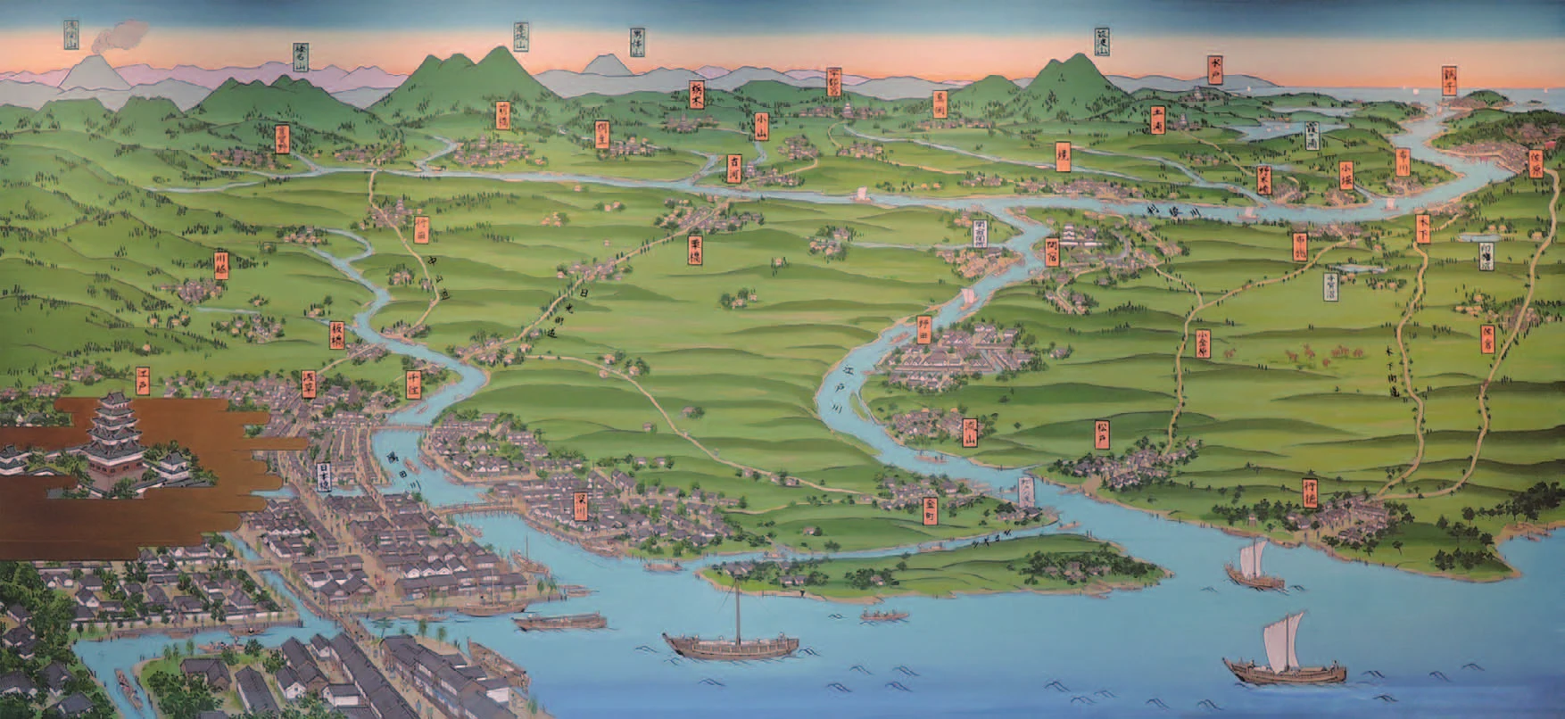 Vue panoramique du Kantō à l’époque Edo, avec ses cours d’eau, ses villes et ses ports